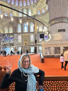 Hilary Topper in the Blue Mosque in Instanbul